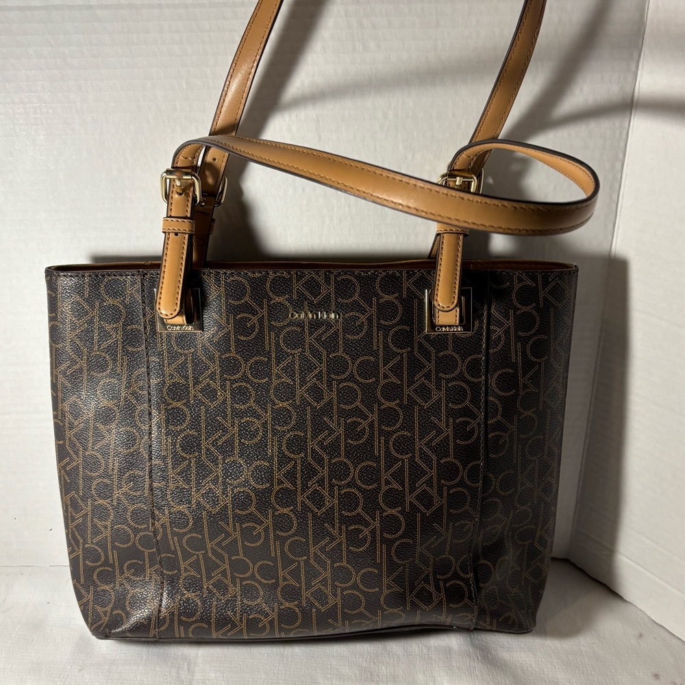 Calvin Klein Tan and Brown Monogram Shoulder Bag